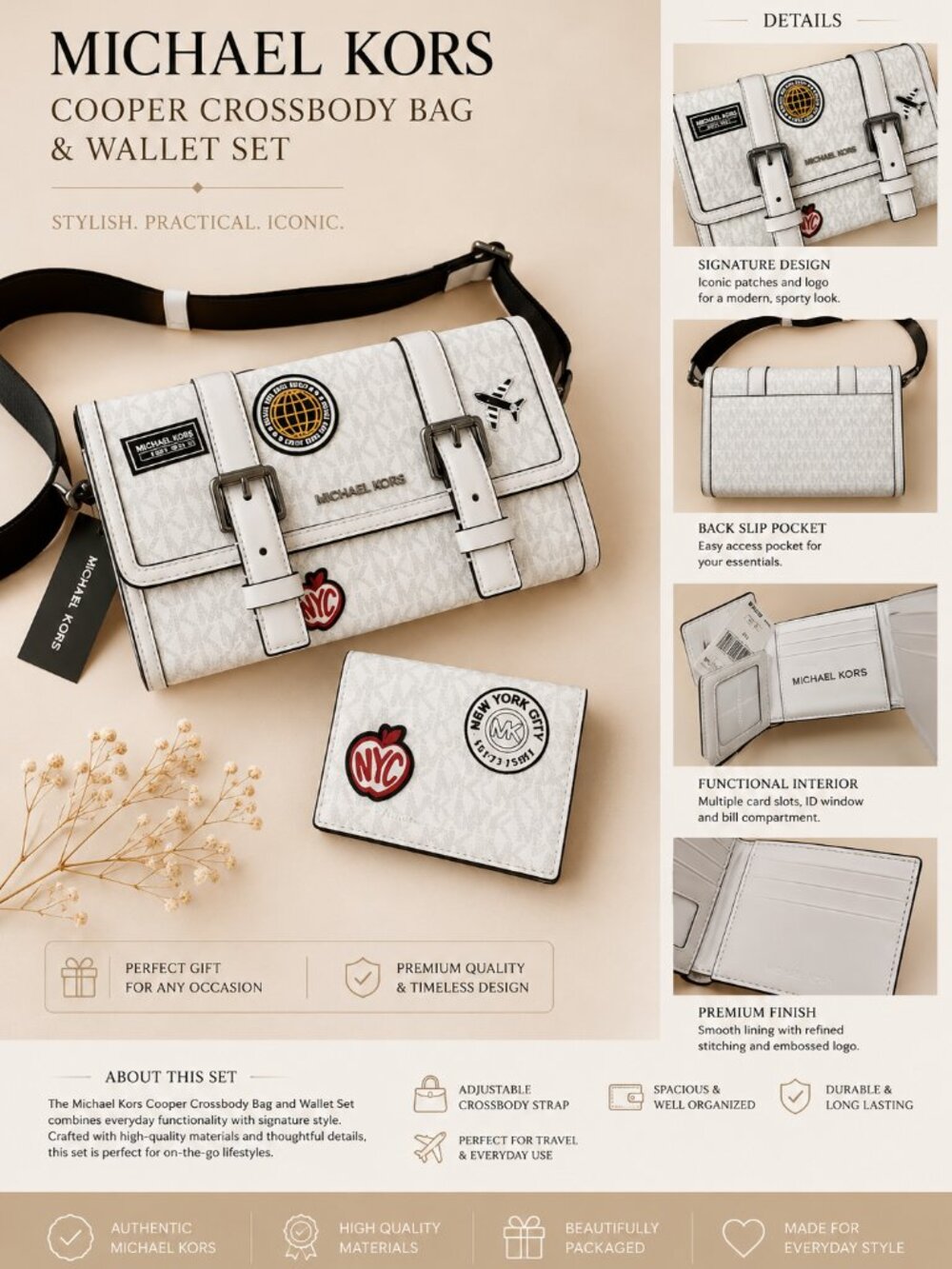 NWT Michael Kors Cooper Embellished Signature Logo Crossbody Bag & Wallet Set